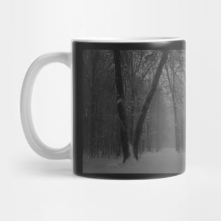 black and white foggy winter snowy woods folklore taylor swift Mug